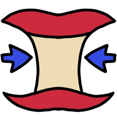 A light yelow, column-like shape with a red double arrc both above and below it, evoking the image of an apple core. a small blue arrow points from either side to the column.